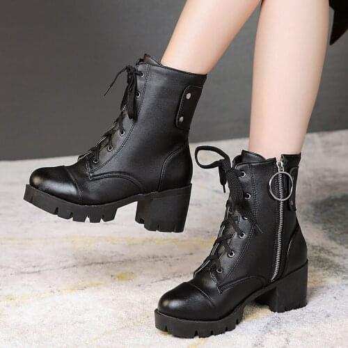 YMECHIC 2019 Winter Shoes Block Thick High Heels Ankle Women Boots Winter Lace Up Zipper Cross Tied Black Military Combat Boots