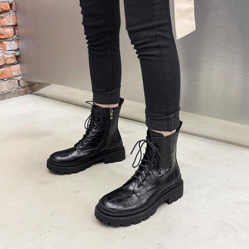 Osunlina Zipper Ankle Boots Zipper Round Toe Lace Up Flat Boots Woman Genuine Leather Comfortable Work Shoes Fashion Red A005