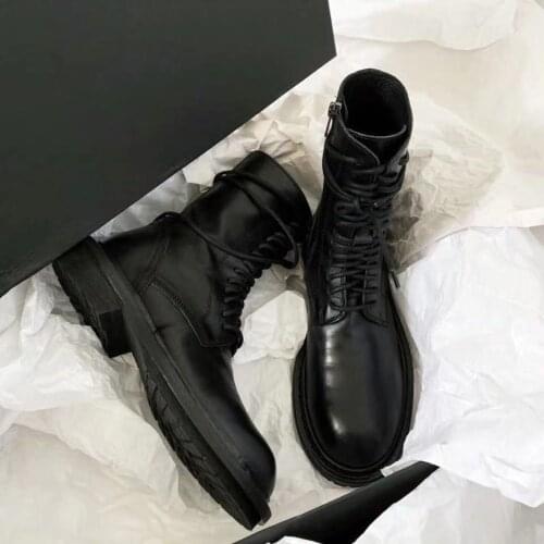 Brand Leather thick heels motorcycle boots women plush platform winter snow bottes lace-up round toe design short booties 2020