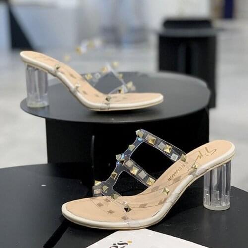 Women Slippers Shoes Woman Clear Heels Flip Flops Mules High Heels Summer Slip On Ladies PVC Jelly Transparent Sandals Slides