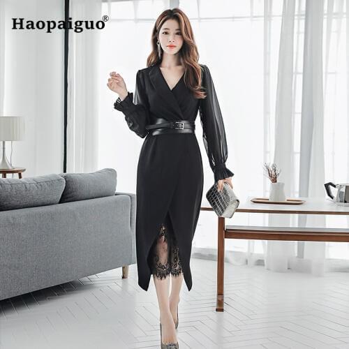 2 Piece Set Women Black Chiffion Blouse Shirt and Elegant Casual Bodycon Bandage Wrap Dress Women Two Piece Set Plus Size
