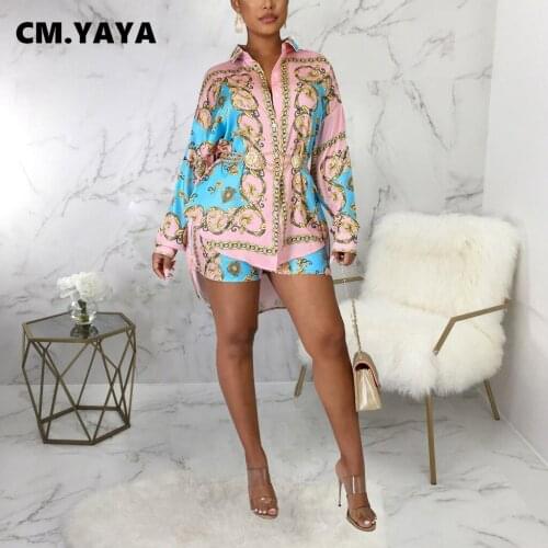 CM.YAYA Women Set Print Full Sleeve Single Breasted Long Shirts Tops Stretchy Shorts Two 2 Piece Sets Fashion Outfit Autumn 2021