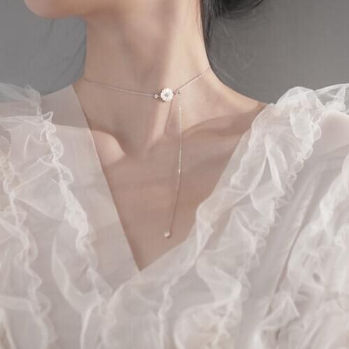 Flower Daisy Shell Cubic Zirconia Handmade Clavicle Chain Silver Color Necklace For Women Long Tassel Dainty Jewelry