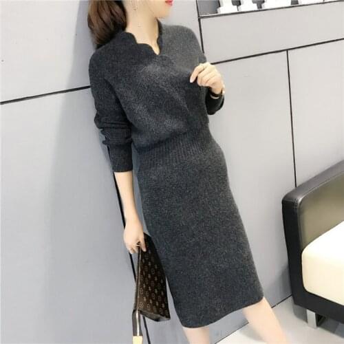Autumn Spring Knitted Pencil Dress Women Fad High Waist Office Ladies Sweater Dresses V Neck Long Sleeve Solid Casual Vestidos