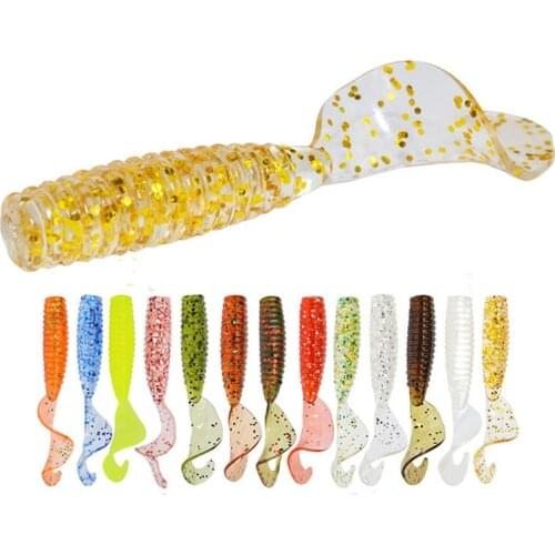 12pcs/lot Curl Worm Soft Bait 45mm 1.2g Jig Wobbler Artificial shrimp odor With salt Rubber Bass Fishing Lure Long Tail Swimbait