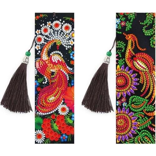 2Pcs Peacock 5D DIY Special Shaped Diamond Painting Leather Bookmark Diamond Embroidery Craft Tassel Book Marks for Books