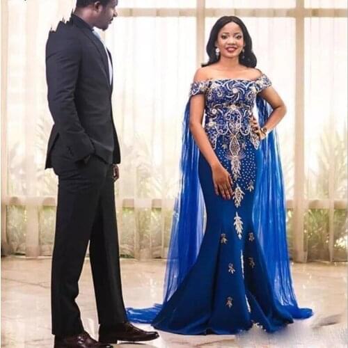 African Wear Evening Dresses Appliques Blue Long abiye Plus Size Bead Evening Gowns With Cape Robe De Soiree Vestido De Festa