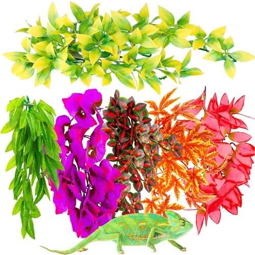6PCS Aquarium Reptile Fish Tank Durable No-Fade Artificial Plastic Fake Hanging Leaves Plant Ornament With Suction Cup