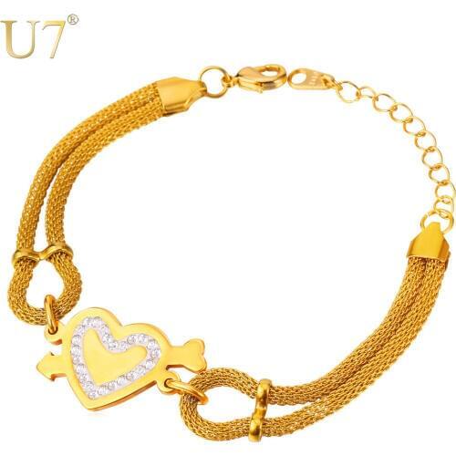 U7 Love Heart Bracelet For Women Fashion Jewelry Gold Color Crystal Stainless Steel Bracelet Wholesale H744
