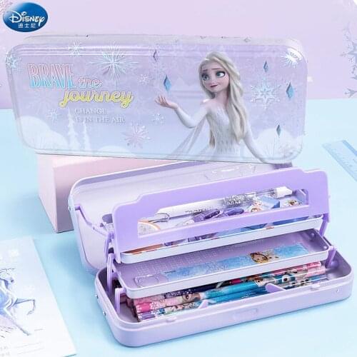 Disney Frozen Pencil Case Cartoon Cute Stationery Box Three-layer Large-capacity Tinplate with Reading Bookshelf Learning Gift