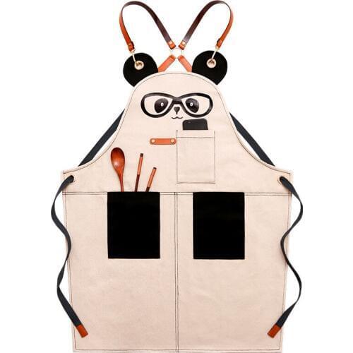 Deetrust Cute Bear Canvas Black White Mens Apron Bib Pocket Kitchen Apron for Women Barista Bartender home barber Cook Coffee