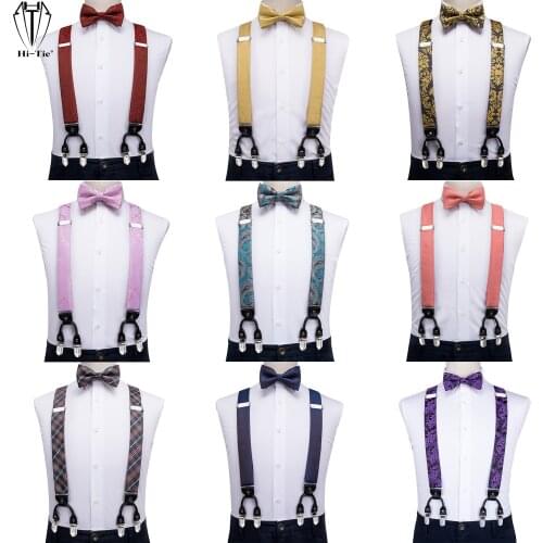 Designer Silk Mens suspenders Set 6 Clips Vintage Gold Red Blue Green White Purple Black Male Adjustable Men Braces Bowtie Hanky