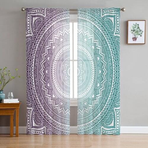 Purple Turquoise Mandala Geometric Gradient Sheer Curtains for Living Room Tulle for Windows Voile Yarn Short Bedroom Curtains