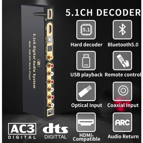 HD815 5.1CH Audio Decoder Bluetooth5.0 DAC DTS AC3 FLAC APE 4K*2K Hdmi-ARC Extractor Splitter PC-USB SPDIF Coaxial Converter
