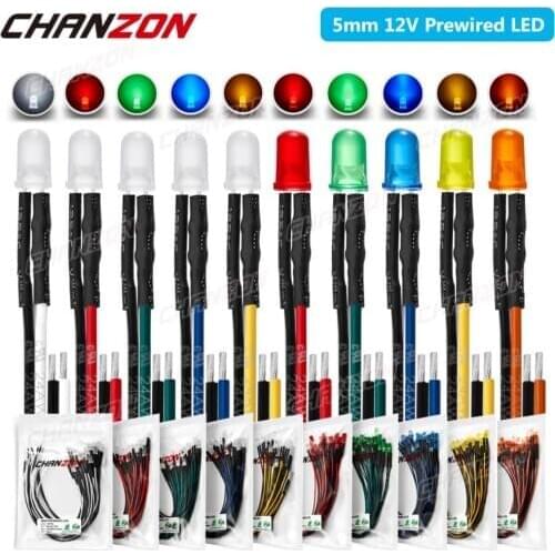 20pcs 5mm Prewired LED Light Emitting Diode 12V Diffused F5 Micro White Red Green Blue Yellow Orange Pre Wired Cable Lamp Bulb