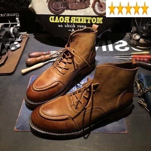Leather Quality Mens Work Safety Cargo Shoes Vintage Lace Up Motorcycle Biker High Top Ankle Boots Zapatos De Hombre Botas