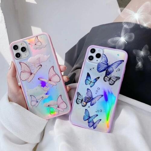 Gimfun Cute Laser Card Butterfly Phone Case for IPhone 12Pro 11 Pro Max XS Max XR X 7 8 Plus Pink Purple Glitter Soft TPU Cover