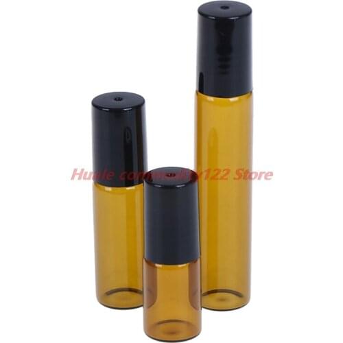 New 2/5/10PCS Brown Thin Glass Roll On Bottle Metal/Glass Ball for Perfume Essential Oil Sample Essential Oil Vials With Roller