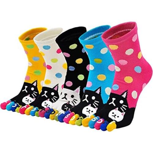 New Women Letter Cute Cats Patchwork Dot Multicolor Cotton Kawaii Socks Funny Five Finger Socks For Chrismas Gift