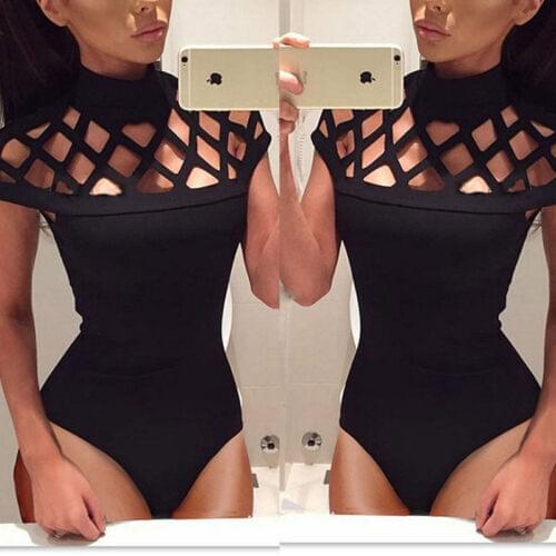 New Sexy Fashion Womens Hollow Bodysuit Stretch Ladies Leotard Bodycon Tops T shirt Jumpsuit Playsuits Bodysuits Women Clothing