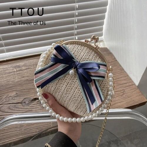 Bow Design Hand-Woven Straw Rattan Shoulder Bags 2021 Summer Casual Beach Ladies Shoulder Bags Pearl Beaded Female Handbag Tote