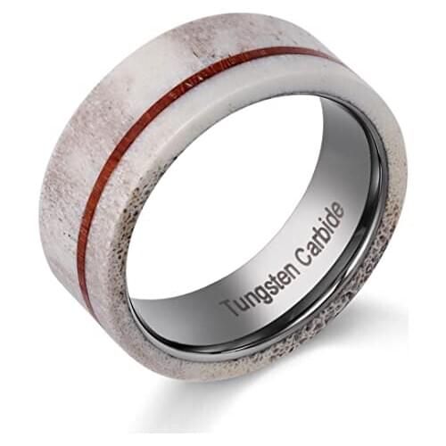 POYA Tungsten Carbide Wedding Band 8mm Antler and Wood Inlay Mens Hunting Ring Comfort Fit