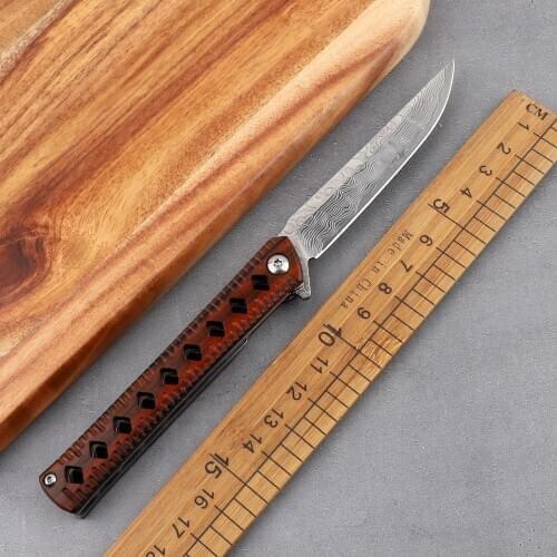 Damascus steel blade folding knife red sandalwood handle pocket outdoor survival camp hunting self-defense EDC tool knife