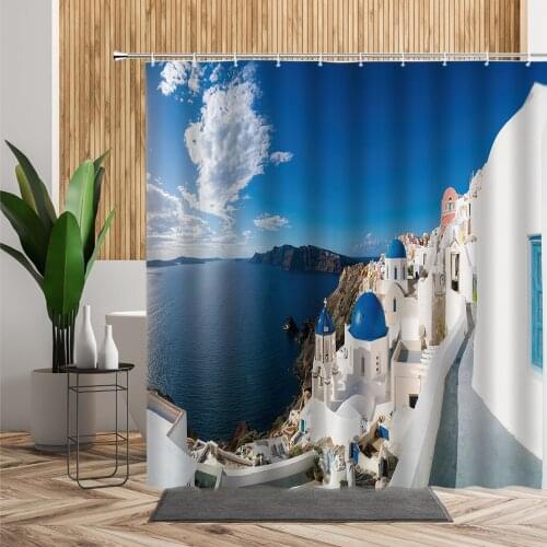 Mediterranean Architecture Coast City Scenery Shower Curtain Bathroom Decoration Background Polyester Waterproof Bath Curtains