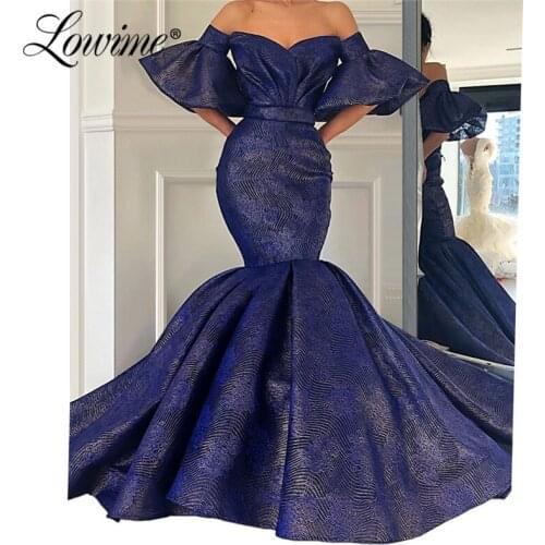 Navy Blue Mermaid Evening Dresses 2019 Dubai Off The Shoulder Evening Gowns Party Dress Arabic Long Prom Dresses Vestidos Custom