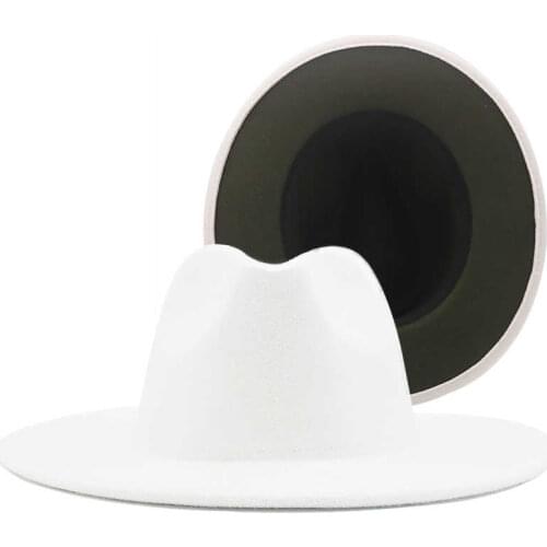Outer white New Inner Army Green Wool Felt Jazz Fedora Hats with Thin Belt Buckle Men Women Wide Brim Panama Trilby Cap