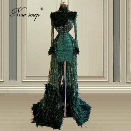 Feather Green Evening Dresses 2021 Handmade Full Beaded Sexy Prom Dresses Plus Size Arabic Dubai Party Evening Gowns Vestidos