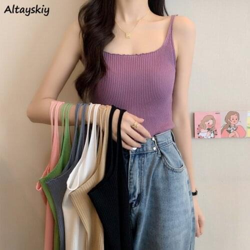 Camisole Women French Style Classy Design Knitted Summer Backless Solid All-match Teenagers Simple High Street Basic Retro Femme