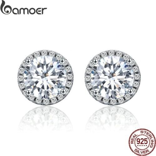 BAMOER Authentic 100% 925 Sterling Silver Dazzling Clear CZ Small Stud Earrings for Women Wedding Engagement Jewelry SCE358