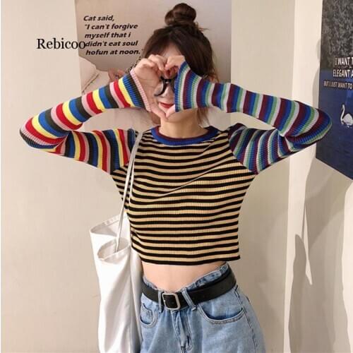Women Sweaters Long Sleeve Causal Female O-neck Crop Tops Fashion Stripe Patchwork Streetwear Women Casual Sweaters