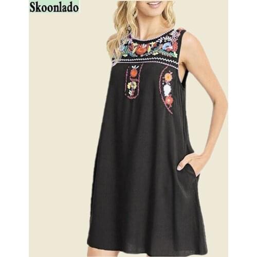 Good quality women linen cotton dress sleeveless summer style classy embroidery original oversea design ladies elegant dresses