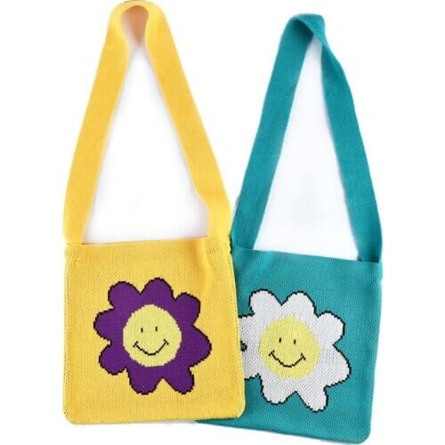 Girls Winter Woolen Smile Face Cute Handbag Female Teenager Japanese Kawaii Casual Knitting Sweater Yellow Open Slouch Sling Bag