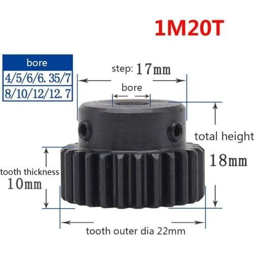 1-20PCS 1M 20T Pinion Spur Gear Bore 8mm Step 17mm Surface Black Spur Gear With Step Modulus 1 Tooth20 Outer Diameter22mm