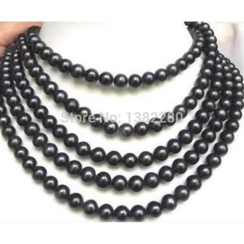 ! 2015 fashion DIY jewelry 7-8mm Black Akoya Cultured Pearl Necklace 130" JT6769