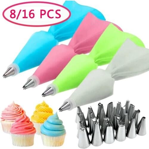 8/16PCS Silicone Pastry Bag Tips Kitchen DIY Cake Icing Piping Cream Cake Decorating Tools Reusable Pastry Bags+Nozzle Set