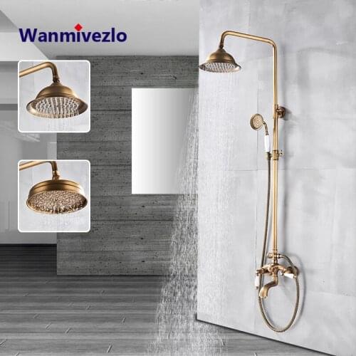 Antique Brass Bathroom Shower Faucets Set Rainfall Shower Handshower Dual Handle Mixer Tap Swivel Tub Spout Bath Shower