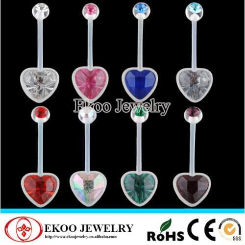 Bio Flexible Double Gemmed Lovely Heart CZ Pregnancy Belly Ring Free Shipping in mixed color