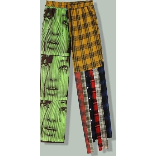 Hip Hop Portrait Print Lattice Patchwork Cargo Pants Mens Harajuku Streetwear Loose Casual Trousers Autumn Baggy Joggers Pants