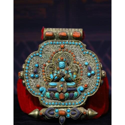 6" Tibet Buddhism Old Tibetan silver Filigree mosaic Gem turquoise Four-armed Guanyin Buddha statue Gawu box Buddha box