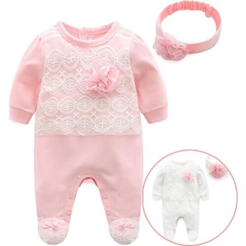 Newborn Baby Girl Cotton Lace Footies 1piece Overall with Hair Band 2018 New Spring Pink Infant Girl Clothes Born 3m 6m 1t Gift