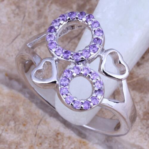 Circle With Heart Purple Cubic Zirconia Silver Plated Ring Size 6 / 7 / 8 / 9 E553