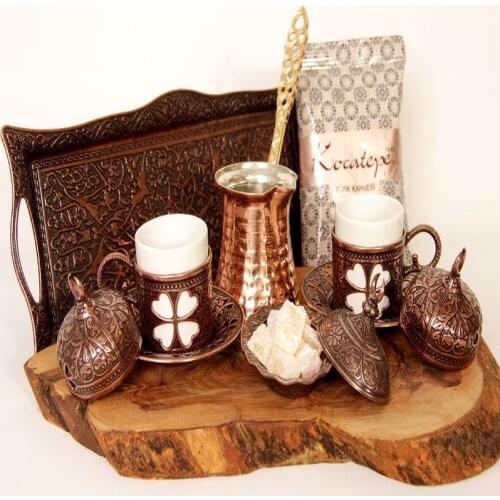 TURKIHS Greek Arabic coffee set with pot cup tray and coffee, 13 pieces (forged with antique brown set)