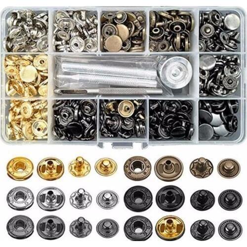 12mm 120set Metal Snap Fastener Press Stud Buttons Poppers Type 633 Leather Craft Jeans Button+4pcs Fixing Tools Kit+Storage Box