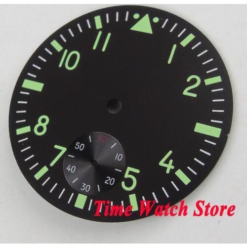 38.9mm black sterial dial fit ETA 6498 hand winding movement Watch dial Luminous green marks D108