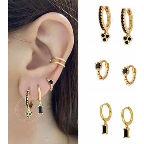 Black Crystal Charming 925 Sterling Silver Pendant Earrings for Women Prevent Allergy Huggie Earrings Fashion Jewelry Gift CZ