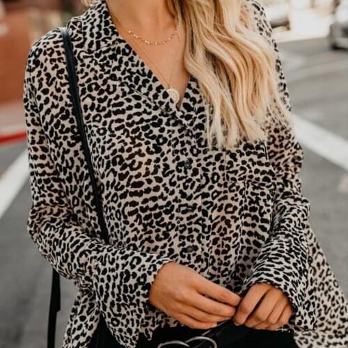 2021 Autumn/Winter Womens Long Sleeve Womens Leopard Print Flared Sleeve Suit Collar Casual Go With Blouses